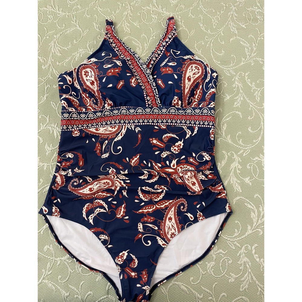 BloomChic Swimsuit Womens 18-20 Blue Paisley One Piece Tank Lined Plus Stretch